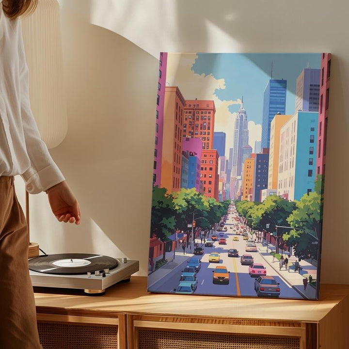 Vibrant Cityscape Canvas – Whimsical Urban Avenue with High-Rises and Trees - Gifitto