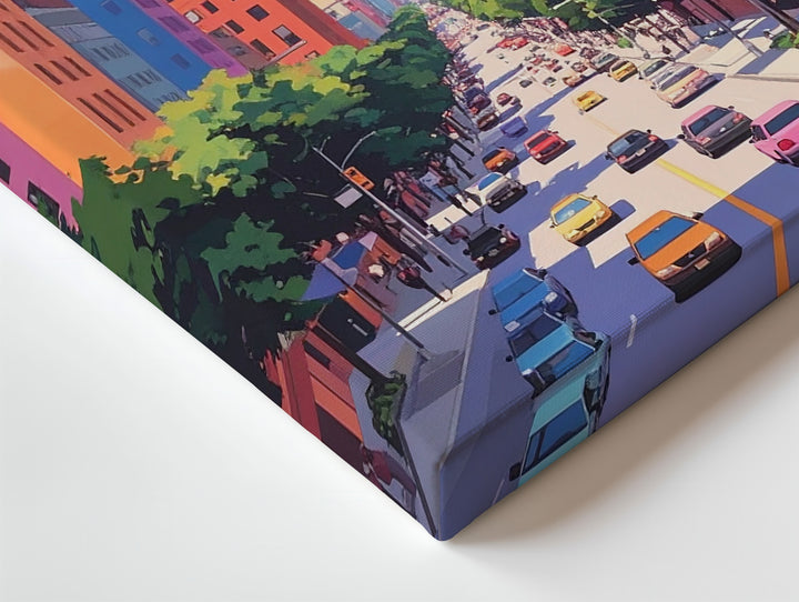 Vibrant Cityscape Canvas – Whimsical Urban Avenue with High-Rises and Trees - Gifitto