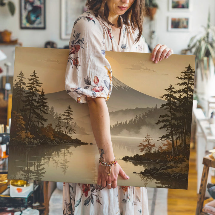 Morning Stillness Canvas – Misty Mountain Lake Landscape Inspired by Mount Fuji - Gifitto