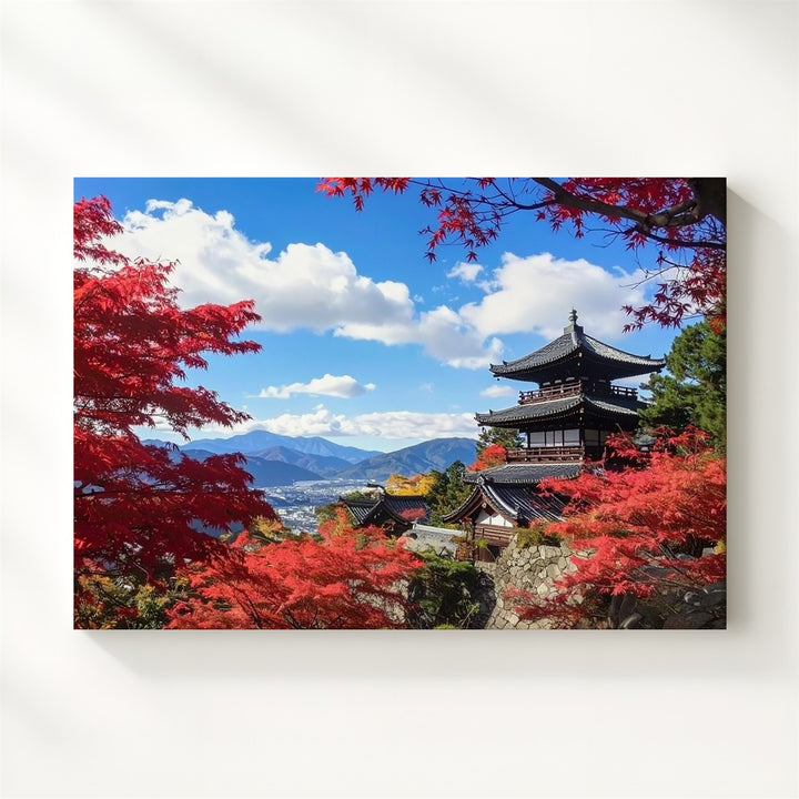 Autumn Temple in Japan Canvas – Red Maple Leaves & Pagoda Landscape Photography - Gifitto