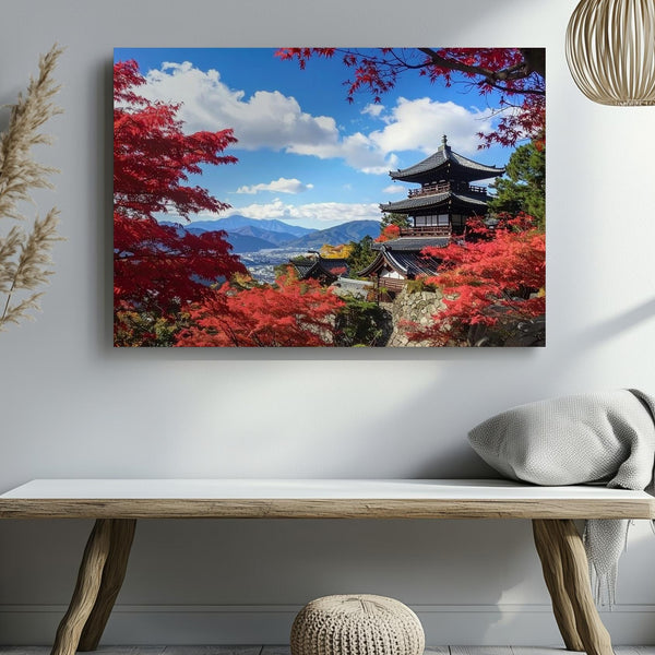 Autumn Temple in Japan Canvas – Red Maple Leaves & Pagoda Landscape Photography - Gifitto