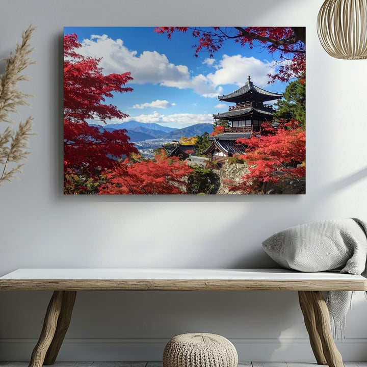 Autumn Temple in Japan Canvas – Red Maple Leaves & Pagoda Landscape Photography - Gifitto