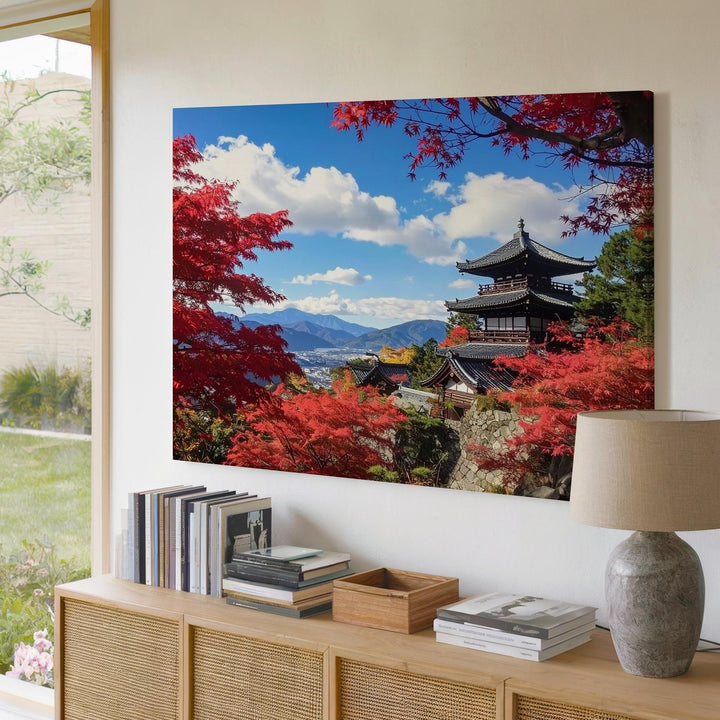 Autumn Temple in Japan Canvas – Red Maple Leaves & Pagoda Landscape Photography - Gifitto