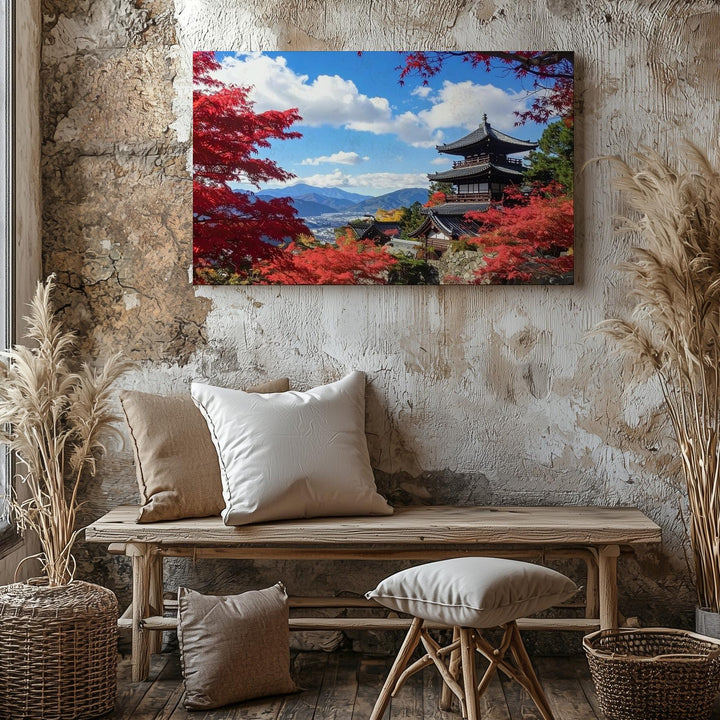 Autumn Temple in Japan Canvas – Red Maple Leaves & Pagoda Landscape Photography - Gifitto