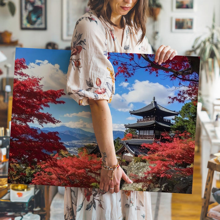 Autumn Temple in Japan Canvas – Red Maple Leaves & Pagoda Landscape Photography - Gifitto