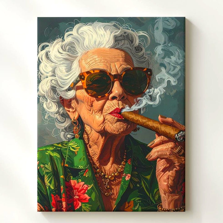 Confident Elegance Canvas – Portrait of a Bold Older Woman with Cigar and Floral Robe - Gifitto