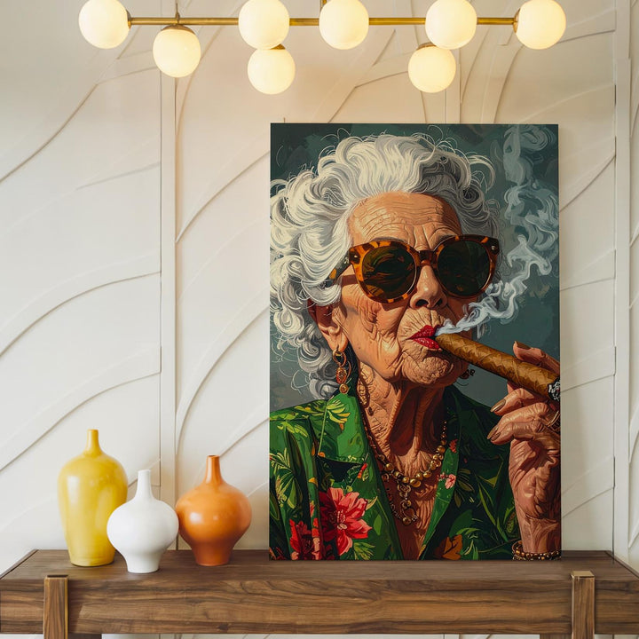 Confident Elegance Canvas – Portrait of a Bold Older Woman with Cigar and Floral Robe - Gifitto