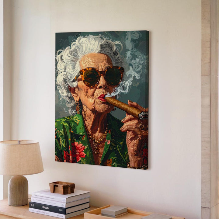 Confident Elegance Canvas – Portrait of a Bold Older Woman with Cigar and Floral Robe - Gifitto