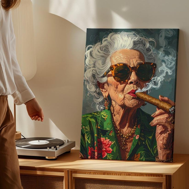 Confident Elegance Canvas – Portrait of a Bold Older Woman with Cigar and Floral Robe - Gifitto