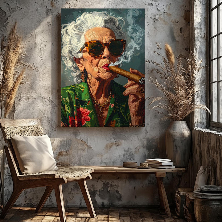 Confident Elegance Canvas – Portrait of a Bold Older Woman with Cigar and Floral Robe - Gifitto
