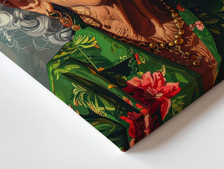 Confident Elegance Canvas – Portrait of a Bold Older Woman with Cigar and Floral Robe - Gifitto