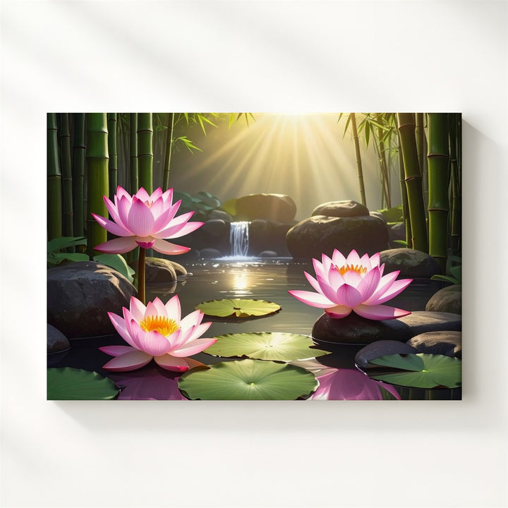 Zen Lotus Pond Canvas – Bamboo Garden Harmony with Light, Water & Stillness - Gifitto