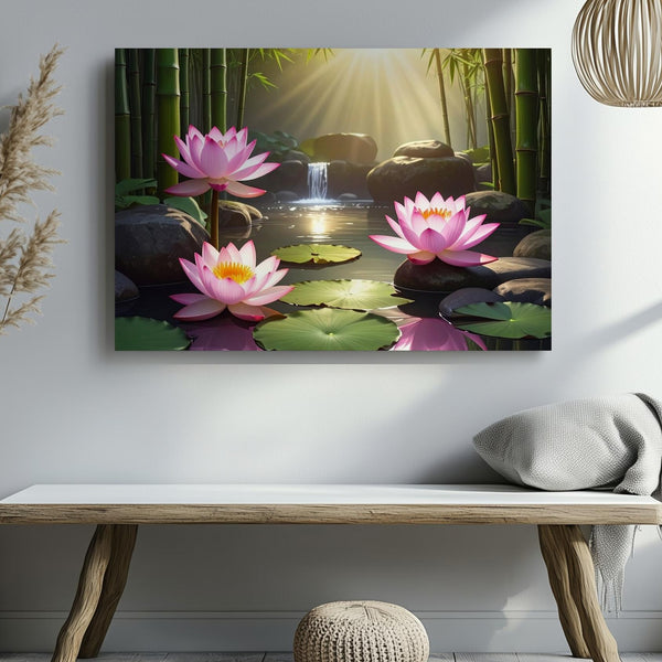 Zen Lotus Pond Canvas – Bamboo Garden Harmony with Light, Water & Stillness - Gifitto