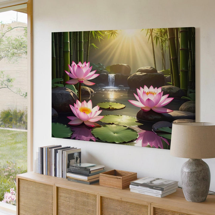 Zen Lotus Pond Canvas – Bamboo Garden Harmony with Light, Water & Stillness - Gifitto