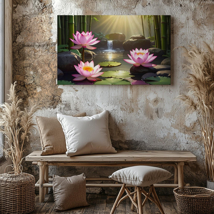 Zen Lotus Pond Canvas – Bamboo Garden Harmony with Light, Water & Stillness - Gifitto