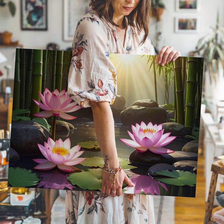 Zen Lotus Pond Canvas – Bamboo Garden Harmony with Light, Water & Stillness - Gifitto