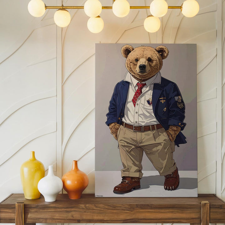 Dapper Teddy Bear Canvas – Whimsical Illustration in Preppy Human Clothing - Gifitto