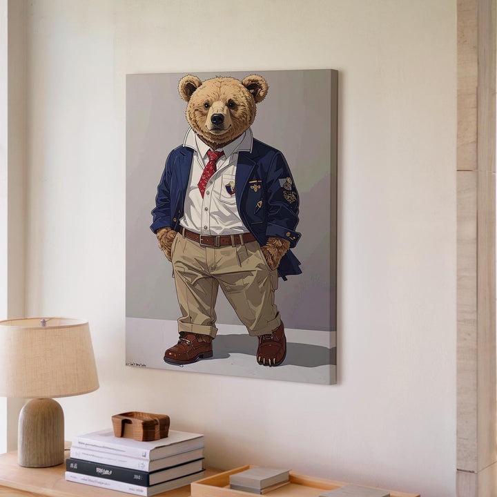 Dapper Teddy Bear Canvas – Whimsical Illustration in Preppy Human Clothing - Gifitto