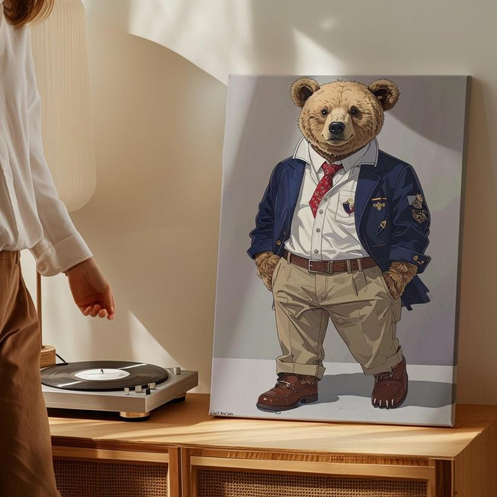 Dapper Teddy Bear Canvas – Whimsical Illustration in Preppy Human Clothing - Gifitto