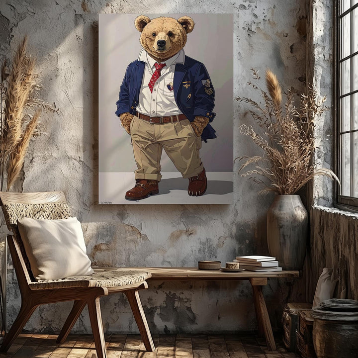 Dapper Teddy Bear Canvas – Whimsical Illustration in Preppy Human Clothing - Gifitto