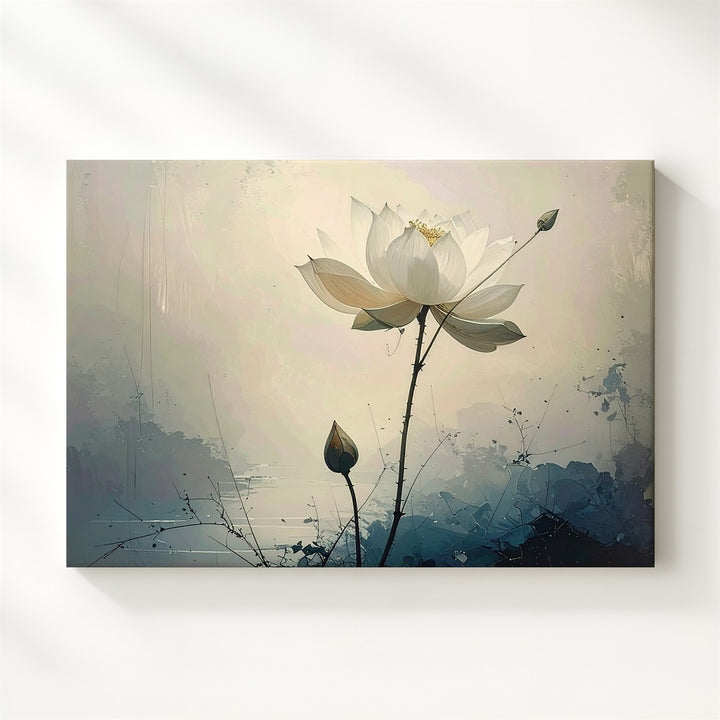 Minimalist White Lotus Canvas – Vertical Zen Art of Purity & Stillness - Gifitto