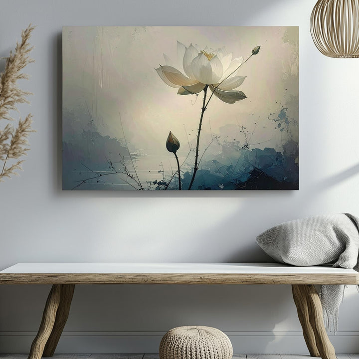 Minimalist White Lotus Canvas – Vertical Zen Art of Purity & Stillness - Gifitto