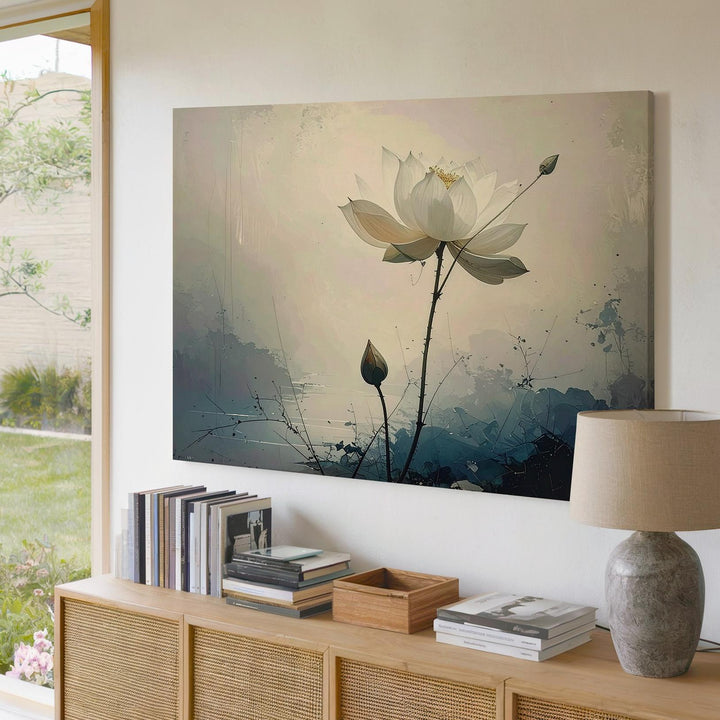 Minimalist White Lotus Canvas – Vertical Zen Art of Purity & Stillness - Gifitto