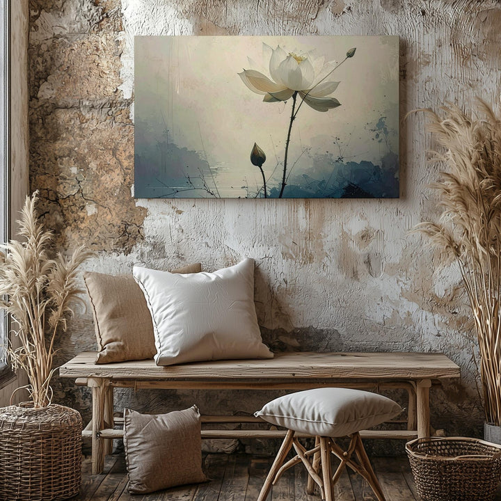 Minimalist White Lotus Canvas – Vertical Zen Art of Purity & Stillness - Gifitto