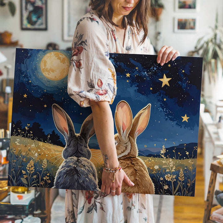 Starry Night Rabbit Canvas – Dreamy Spring Wall Art - Gifitto