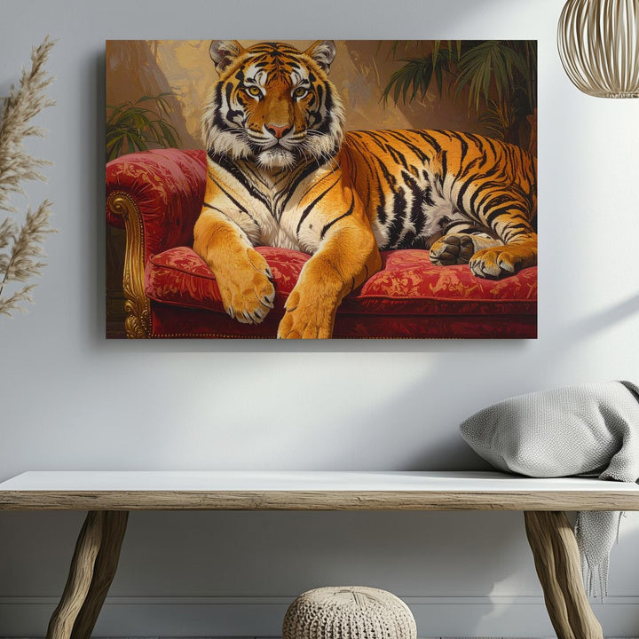 Regal Tiger on Red Velvet Canvas – Majestic Exotic Animal Portrait Wall Art - Gifitto