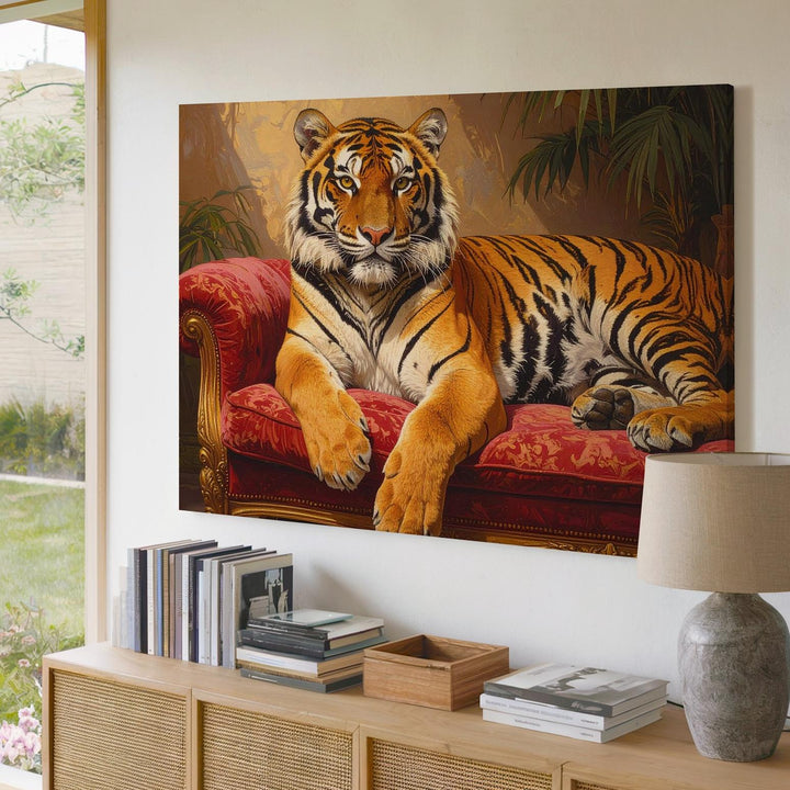 Regal Tiger on Red Velvet Canvas – Majestic Exotic Animal Portrait Wall Art - Gifitto
