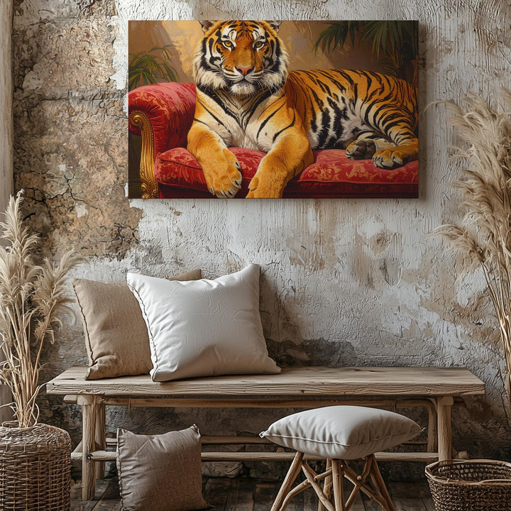Regal Tiger on Red Velvet Canvas – Majestic Exotic Animal Portrait Wall Art - Gifitto