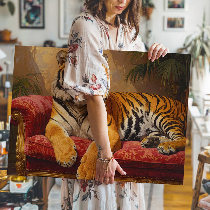 Regal Tiger on Red Velvet Canvas – Majestic Exotic Animal Portrait Wall Art - Gifitto