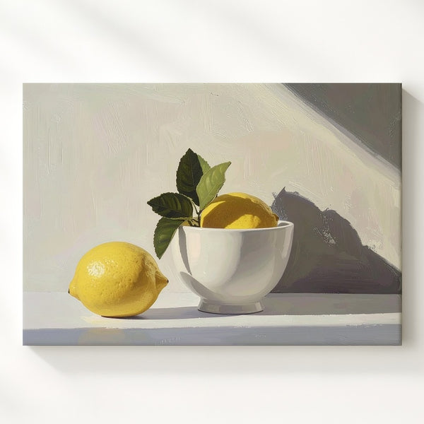 Minimal Lemon Still Life Canvas – Soft Yellow Fruit with White Bowl on Neutral Background - Gifitto