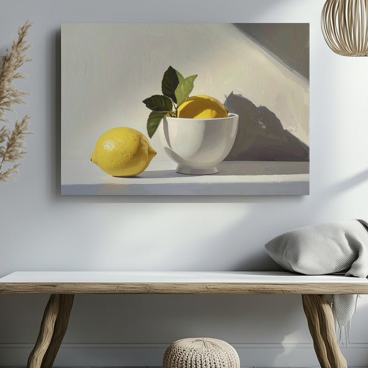 Minimal Lemon Still Life Canvas – Soft Yellow Fruit with White Bowl on Neutral Background - Gifitto