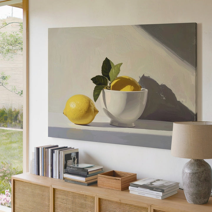 Minimal Lemon Still Life Canvas – Soft Yellow Fruit with White Bowl on Neutral Background - Gifitto