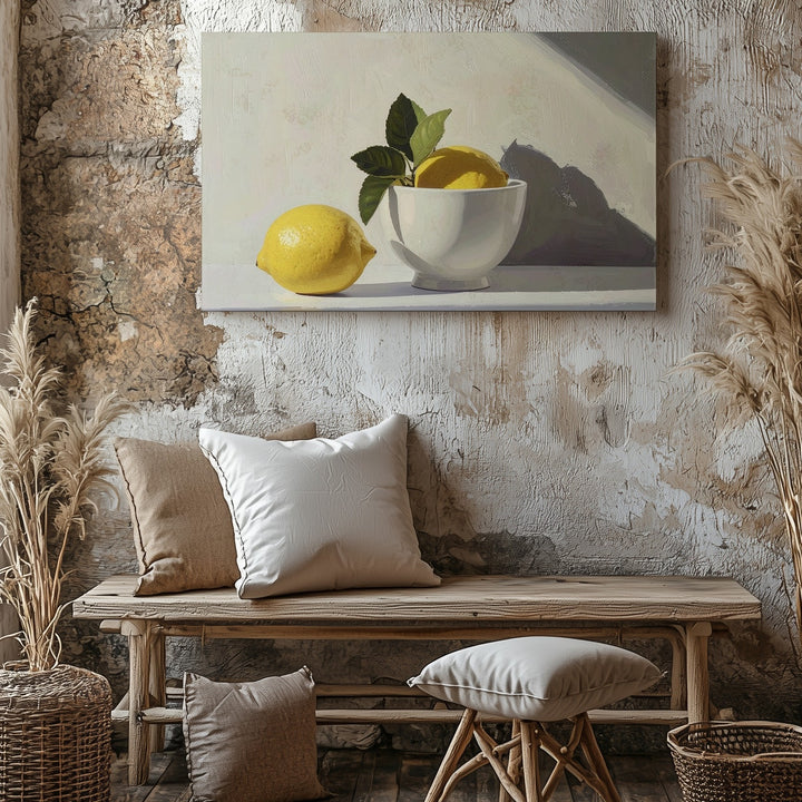 Minimal Lemon Still Life Canvas – Soft Yellow Fruit with White Bowl on Neutral Background - Gifitto