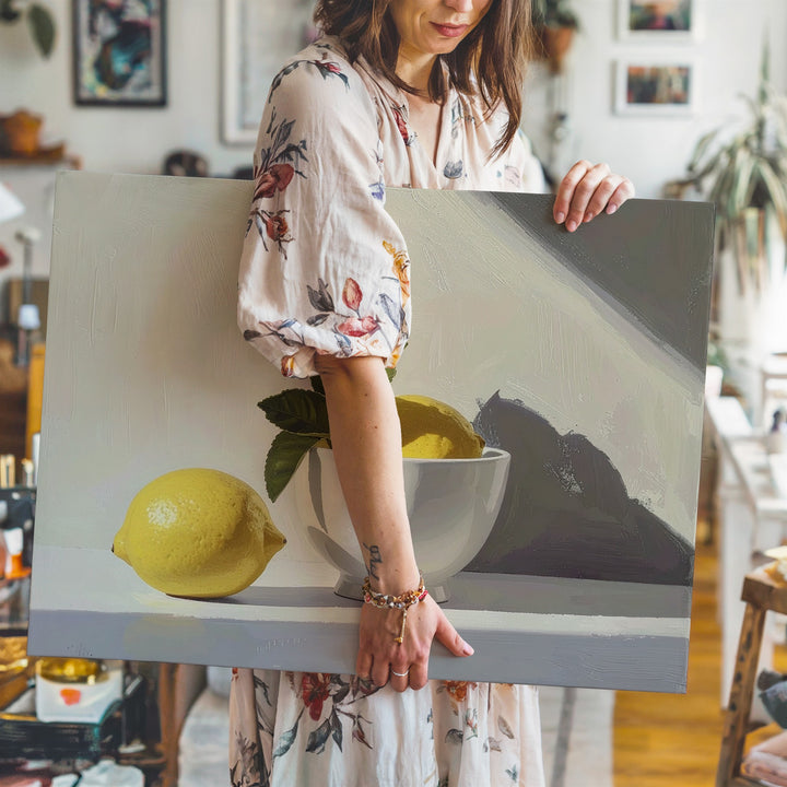 Minimal Lemon Still Life Canvas – Soft Yellow Fruit with White Bowl on Neutral Background - Gifitto