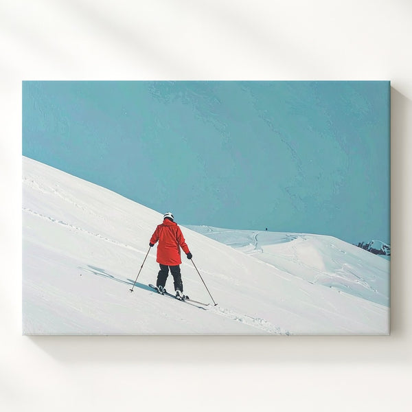Minimalist Skier Canvas – Red Jacket on Snowy Slope Winter Wall Art
