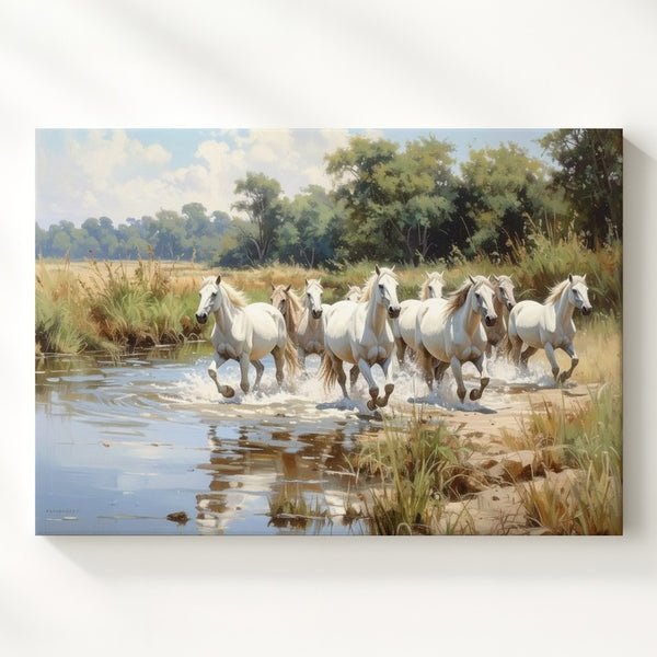 River Crossing Herd Canvas – White Horses in Lush Landscape - Gifitto