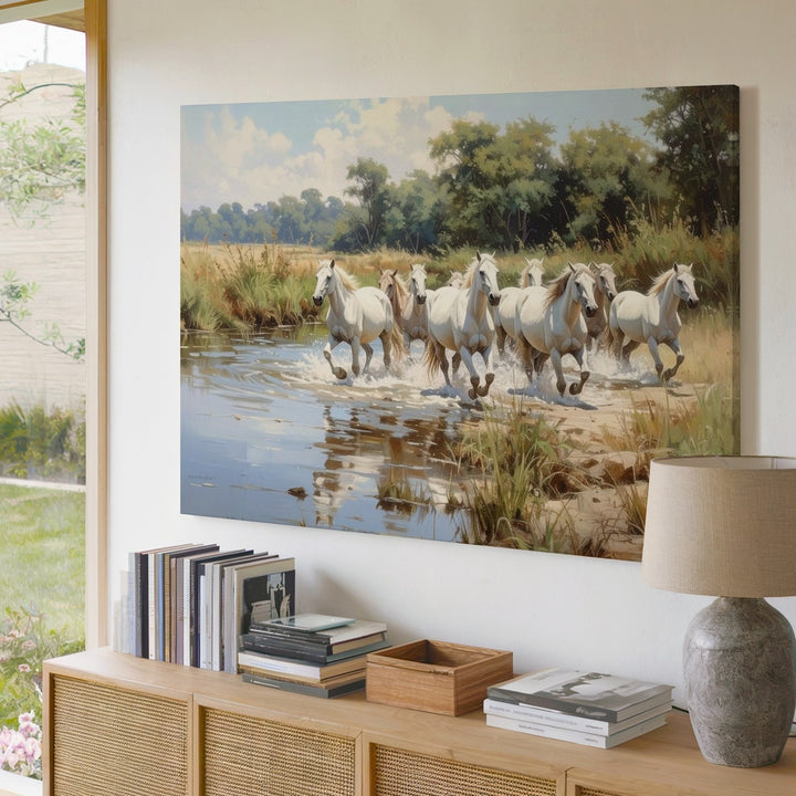 River Crossing Herd Canvas – White Horses in Lush Landscape - Gifitto