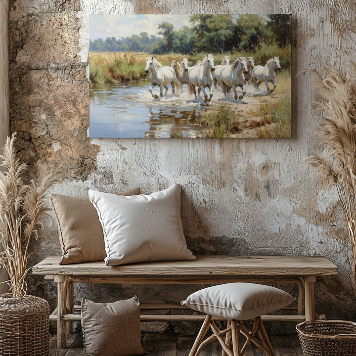 River Crossing Herd Canvas – White Horses in Lush Landscape - Gifitto