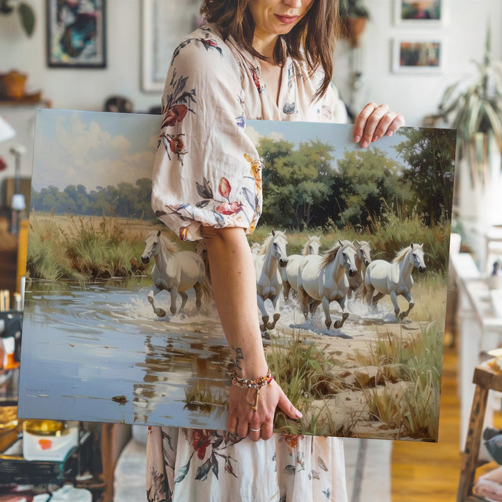 River Crossing Herd Canvas – White Horses in Lush Landscape - Gifitto