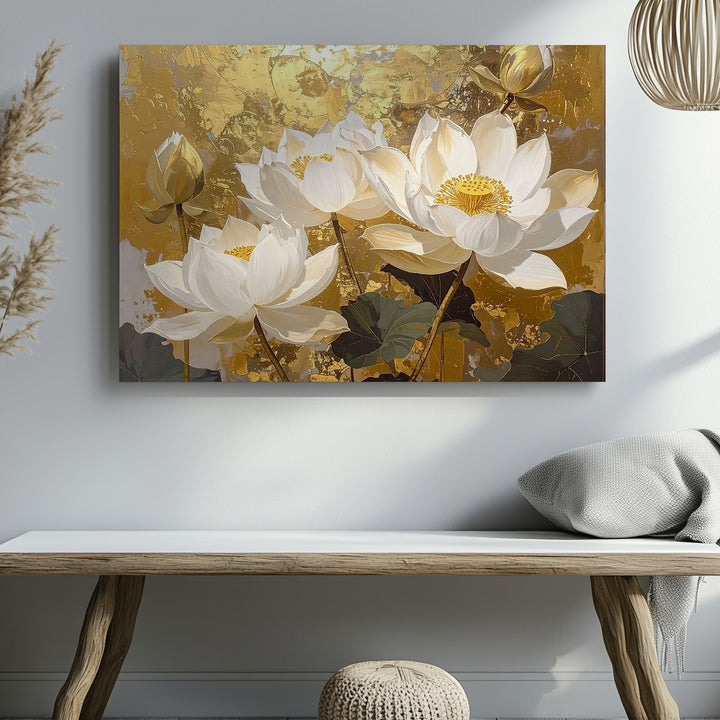 Golden Lotus Elegance Canvas – Refined Floral Wall Art with Sacred Calm - Gifitto