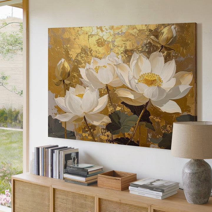 Golden Lotus Elegance Canvas – Refined Floral Wall Art with Sacred Calm - Gifitto