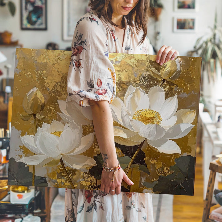 Golden Lotus Elegance Canvas – Refined Floral Wall Art with Sacred Calm - Gifitto