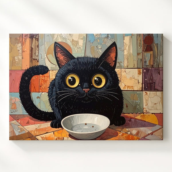 Pleading Black Cat Canvas – Surreal Feline Staring at Empty Bowl - Gifitto
