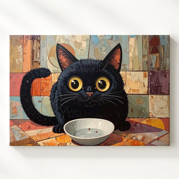Pleading Black Cat Canvas – Surreal Feline Staring at Empty Bowl - Gifitto