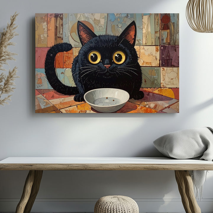 Pleading Black Cat Canvas – Surreal Feline Staring at Empty Bowl - Gifitto