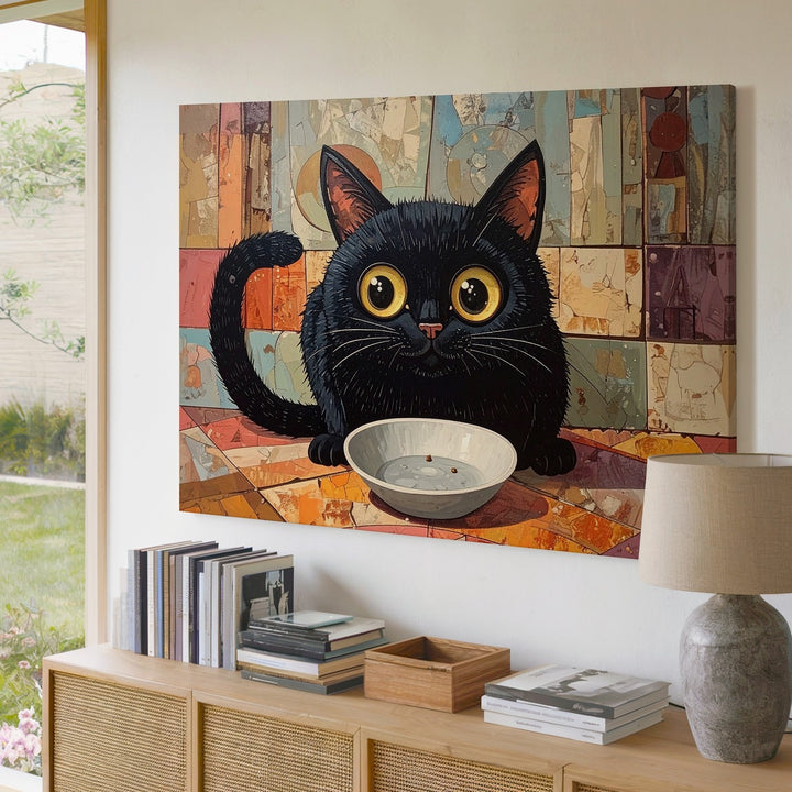 Pleading Black Cat Canvas – Surreal Feline Staring at Empty Bowl - Gifitto